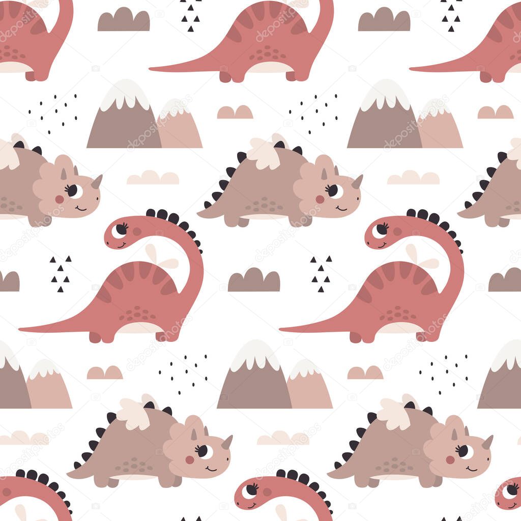 Cute Dino vector seamless pattern with Dinosaur Girls, plants, mountains, stones in trendy boho colors