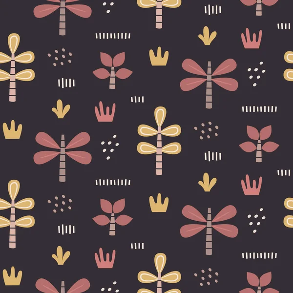 Patrón floral lindo vector sin costuras con plantas, árboles, arbustos, piedras, hojas en estilo boho de moda — Vector de stock