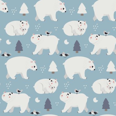 Kutup Ayısı, Noel ağacı, dekoratif elementler ve yeni yıl illüstrasyonuyla şirin Noel vektörleri.