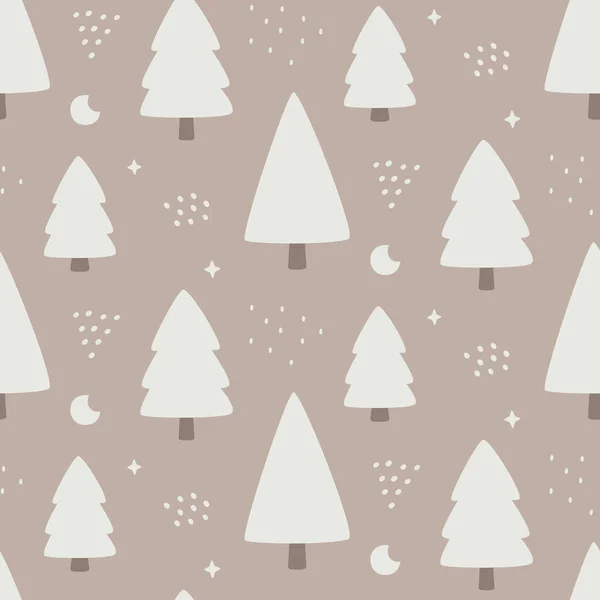 Navidad lindo bosque de invierno vector patrón sin costuras con árboles de Navidad, luna, elementos gráficos en el estilo moderno de moda — Vector de stock