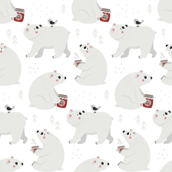 Söt jul vinter vektor sömlös mönster med isbjörn, baby björn, julgranar, dekorativa element, nytt år illustration — Stock vektor