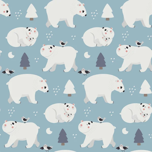 Padrão sem emenda bonito do inverno do vetor do Natal com urso polar, árvores de Natal, elementos decorativos, ilustração do ano novo —  Vetores de Stock