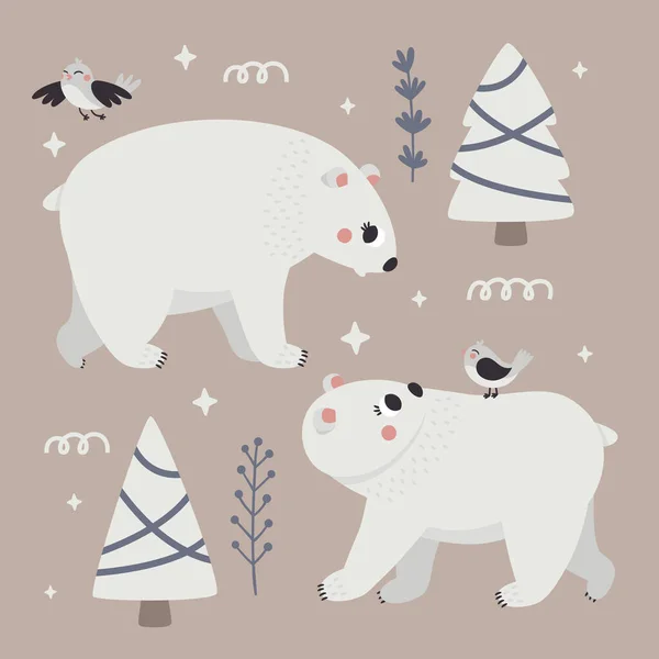 Χριστούγεννα άγρια χειμώνα διάνυσμα χαριτωμένο κλιπ με πολικές αρκούδες χαρακτήρες, χριστουγεννιάτικα δέντρα, διακοσμητικά στοιχεία, πουλιά, εικονογράφηση του νέου έτους — Διανυσματικό Αρχείο