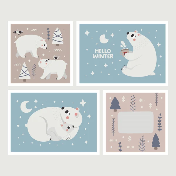 クリスマスの野生の冬のベクトルかわいいカードとともにホッキョクグマ,赤ちゃん熊,クリスマスツリー,装飾要素,新年のイラスト,こんにちは冬 — ストックベクタ