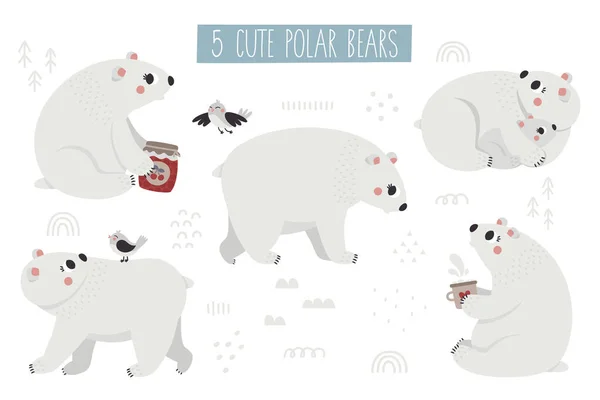 Jul vild vinter vektor söt clipart med isbjörnar tecken, julgranar, baby björn, dekorativa element, fåglar, nytt år illustration — Stock vektor