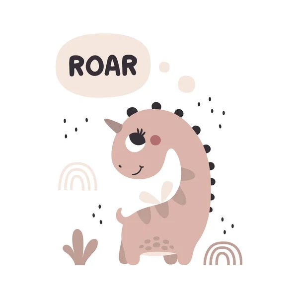 Χαριτωμένη κάρτα διάνυσμα με χαρακτήρα κορίτσι δεινόσαυρος με ετικέτα Roar και γραφικά στοιχεία σε μοντέρνα χρώματα Boho — Διανυσματικό Αρχείο