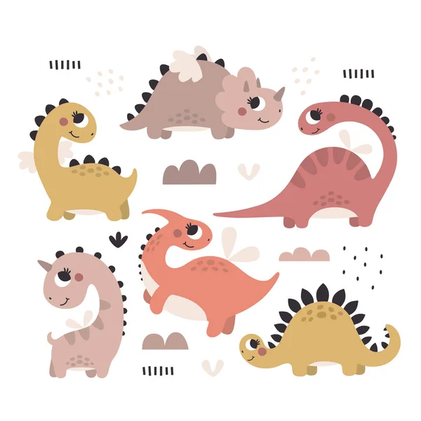 Leuke vectorset met Dinosaurus Meisjes met planten, bomen, struiken, stenen in trendy boho kleuren — Stockvector