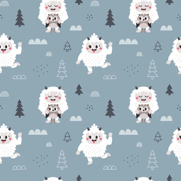 Jul vild vinter vektor söt sömlös mönster med Yeti tecken, Bigfoot, uggla, stenar, julgran, växter i skandinavisk Boho stil — Stock vektor