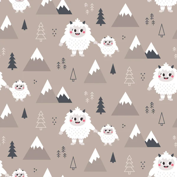 Navidad salvaje invierno vector lindo patrón sin costuras con personajes Yeti, bebé Yeti, Pie Grande, piedras, montañas, árbol de Navidad, plantas en estilo escandinavo Boho — Vector de stock