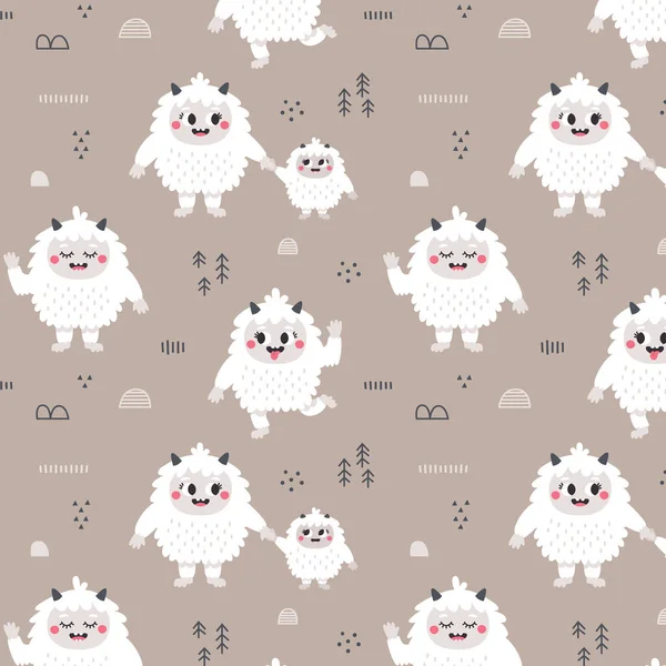 Noël sauvage vecteur d'hiver motif mignon sans couture avec des personnages Yeti, bébé Yeti, Bigfoot, pierres, plantes dans le style scandinave Boho — Image vectorielle