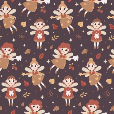 Diş perisi, muhteşem periler karakterler, sonbahar yaprakları, böğürtlenler, dallar, bitkiler, baloncuklar, kanatlar, yıldızlar, ay