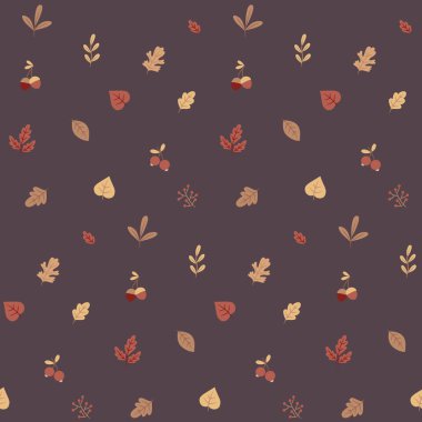 Yaprakları, meyveleri, meşe palamutları, yıldızları, kabarcıkları olan kusursuz bir sonbahar deseni.