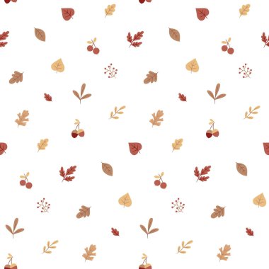 Yaprakları, meyveleri, meşe palamutları, yıldızları, kabarcıkları olan kusursuz bir sonbahar deseni.