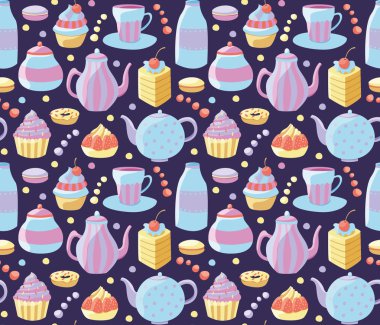 Tea seamless pattern with cups, teapots and cakes