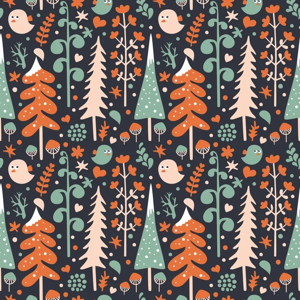 Forest seamless pattern with trees and birds — Stock vektor