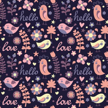 Kuşlar ve çiçeklerle kusursuz desen