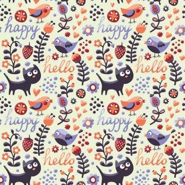 Seamless modeli ile kuş, kedi, çiçekler, çilek, çilek, Merhaba ve mutlu