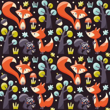 Tilki, sincap, ağaçlar, meşe palamudu ile Seamless Modeli