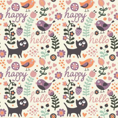 Kuş, kedi, çiçekler, çilek ile Seamless Modeli