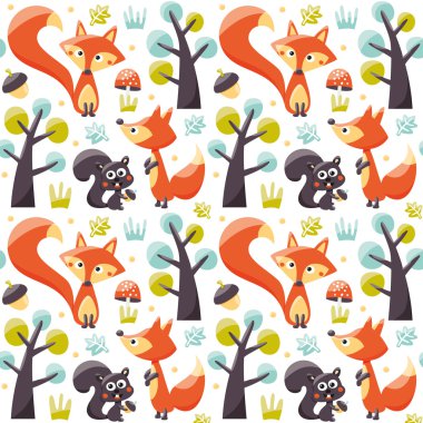 Tilki, sincap, ağaçlar, meşe palamudu ile Seamless Modeli