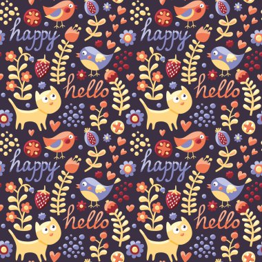 Kuş, kedi, çiçekler, çilek ile Seamless Modeli