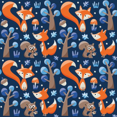 Tilki, sincap, ağaçlar, meşe palamudu ile Seamless Modeli