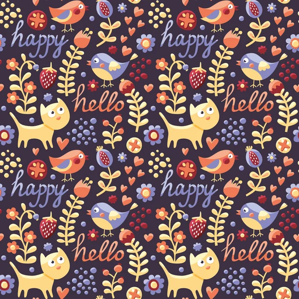 Kuş, kedi, çiçekler, çilek ile Seamless Modeli