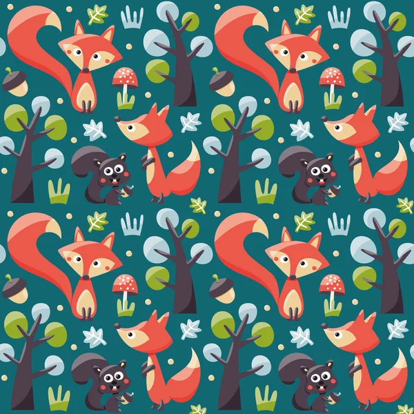 Seamless pattern with foxes, squirrels, trees, acorns — Stock Vector
