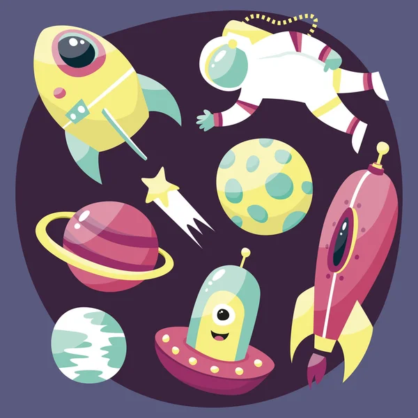 Встановити астронавта, зірки, комети, планети і космічні кораблі — стоковий вектор