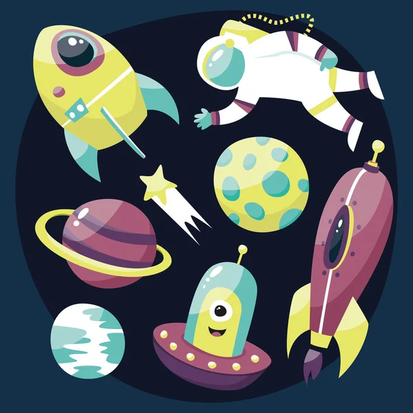 Conjunto de astronautas, estrellas, cometas, planetas y naves espaciales — Vector de stock