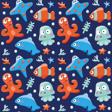 Balıklar, ahtapot ve yunus deniz seamless modeli