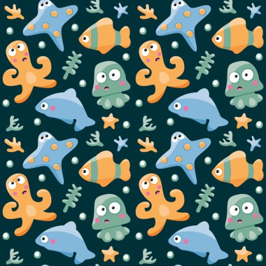 Balıklar, ahtapot ve yunus deniz seamless modeli