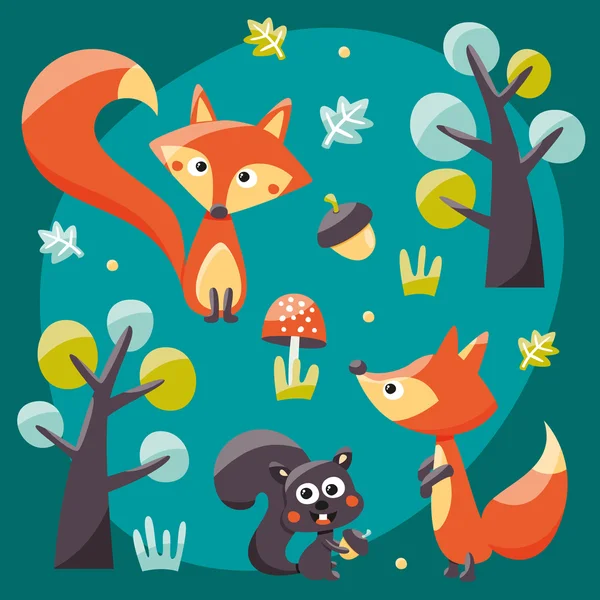 Foxes, squirrels, trees, acorns and leafs — Stock Vector