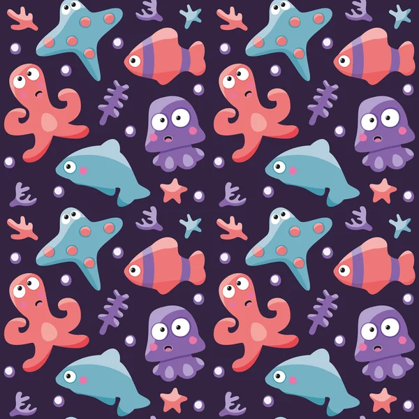 Mariene naadloze patroon met vissen, octopus en Dolphin — Stockvector