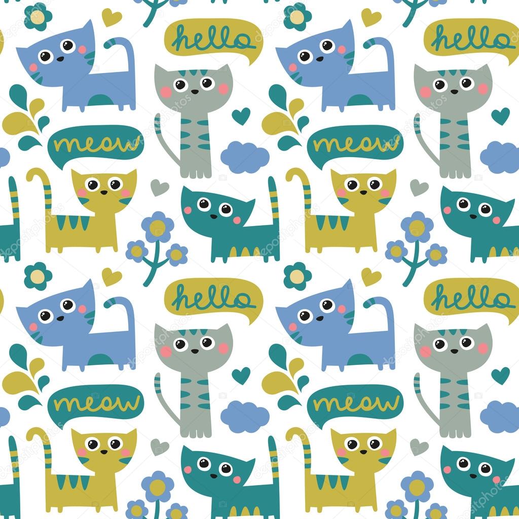 Seamless pattern with cats, cloud, hello and meow and flowers