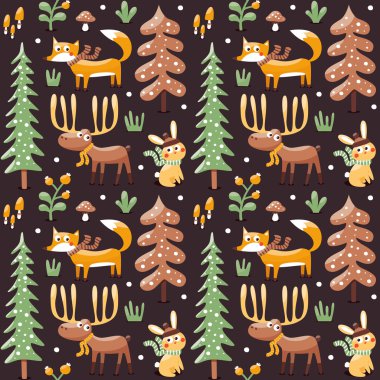Sorunsuz sevimli Kış Noel desen yaptı tilki, tavşan, mantar, geyik, çalılar, bitkiler, kar, ağaç