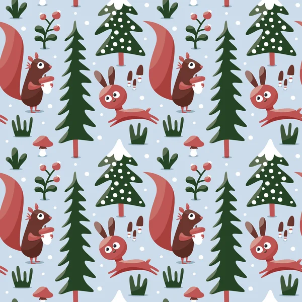 Modèle d'hiver mignon sans couture fait avec écureuil, lapin, champignon, buissons, plantes, neige, arbre — Image vectorielle