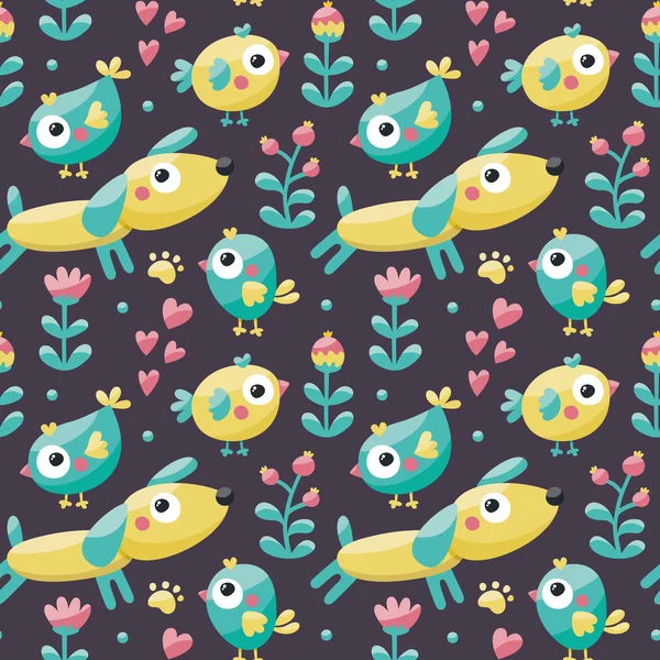 Modèle mignon sans couture fait avec chien, oiseaux, fleurs, patte, trace, plantes, baies — Image vectorielle