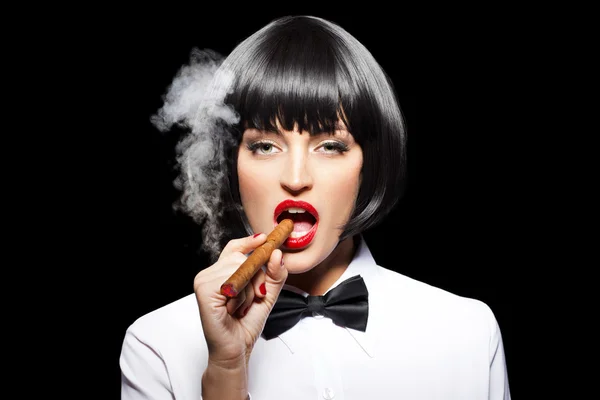 Sexy mafiosi woman smoke with cigar — Stock Photo, Image