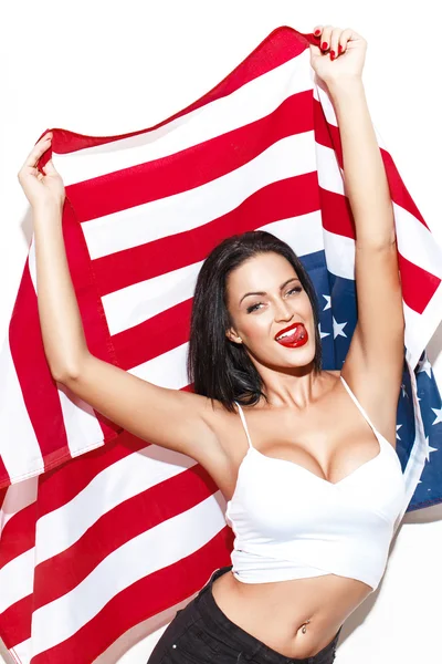 Mulher sexy com grandes mamas segurando bandeira dos EUA — Fotografia de Stock