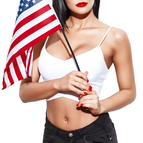Młoda kobieta z flagą Usa na białym tle — Zdjęcie stockowe