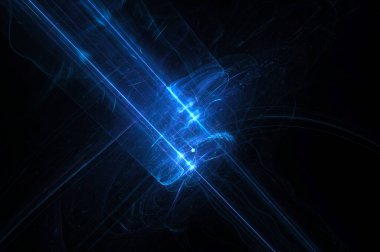 Derin uzayda parlayan mavi lazer ışınları, yeni fütüristik teknoloji, bilgisayar tarafından oluşturulan soyut arkaplan, 3D görüntüleme
