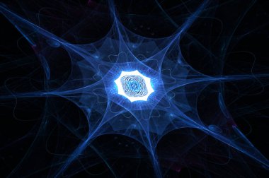 Arkaplan katmanlı mavi parlayan kuantum işlemci, bilgisayar tarafından oluşturulan soyut sanat eseri, 3D oluşturma