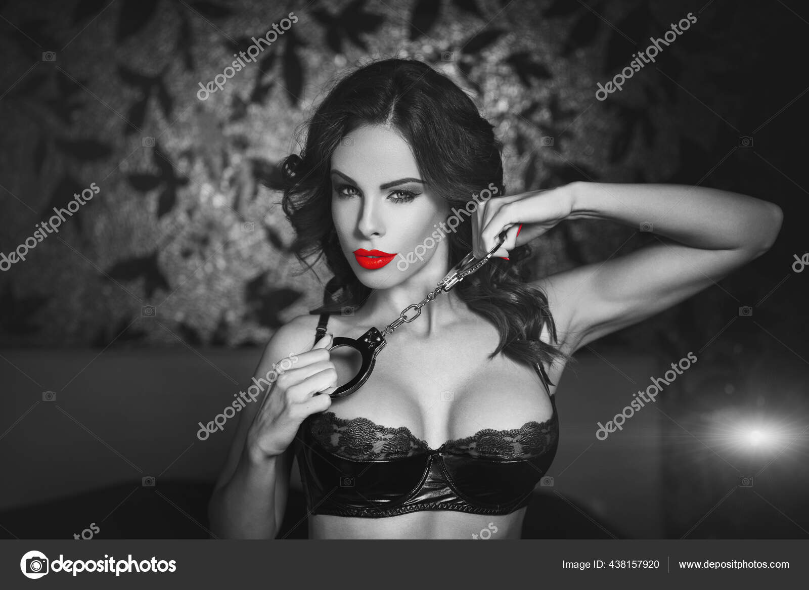 Sexy Woman Latex Bra Holding Handcuffs Bedroom Dark Night Club