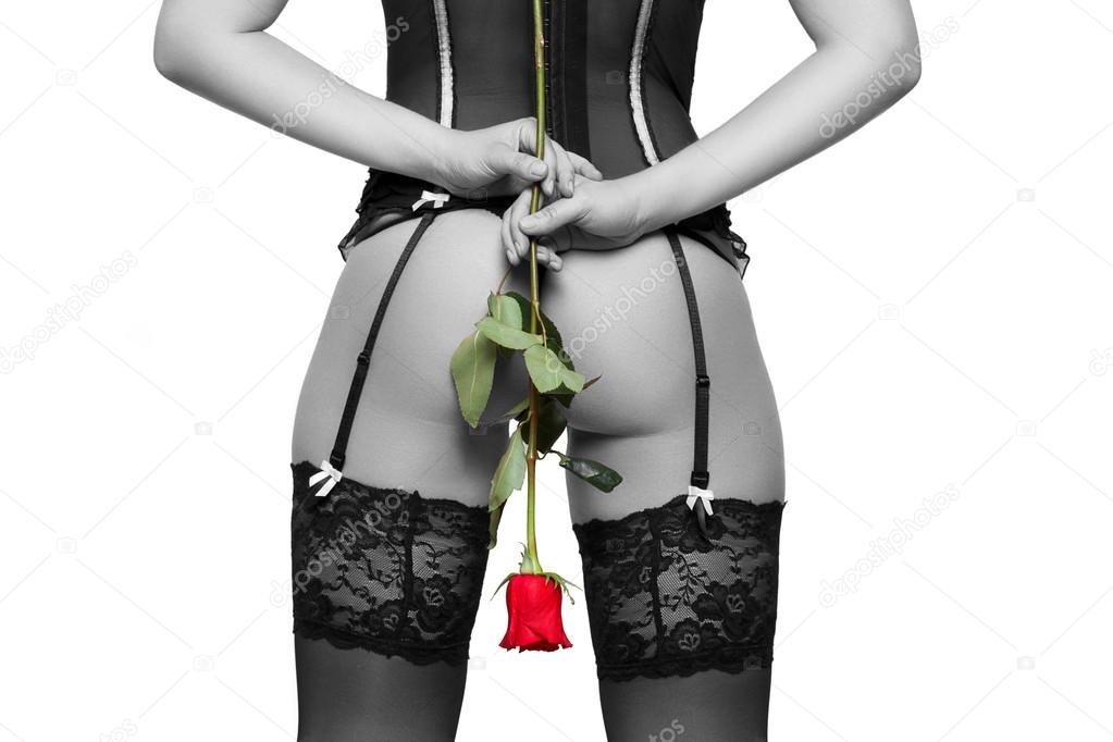 Sexy woman holding red rose black and white
