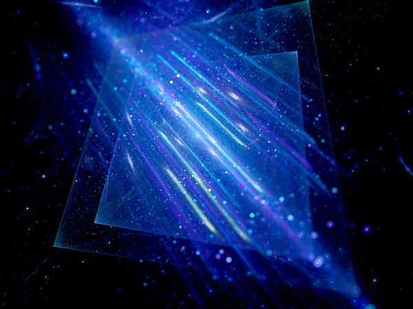 Blue glowing squares with motion lines and particles in space — Stock Photo, Image