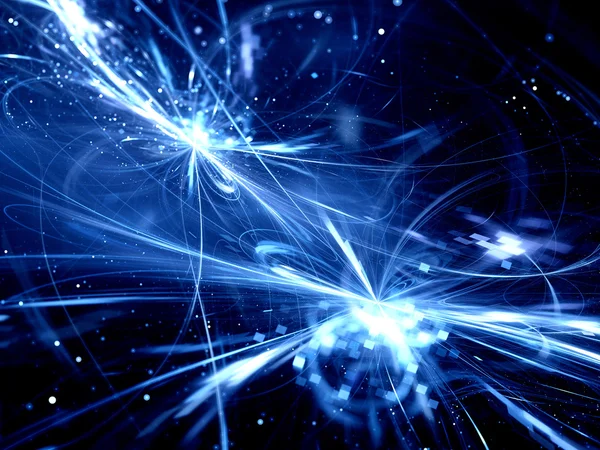 Blue glowing exploding technology curves in space — Stock Photo, Image