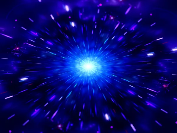 Blue glowing exploding in deep space with particles — Stock Photo, Image