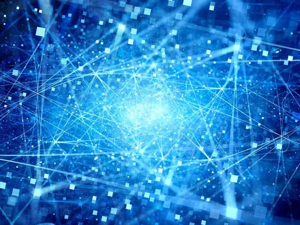Blauwe gloeiende verbindingen in de ruimte met deeltjes — Stockfoto