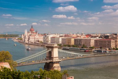 Parlamento binası ile Budapeşte 'nin panoramik genel değerlendirmesi